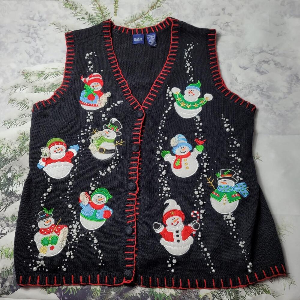 Beaded Applique Snowman Sweater Vest by Basic Editions Ugly Christmas Sweater